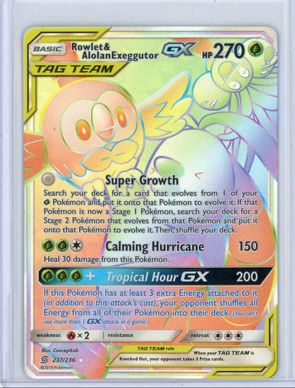 Rowlet & Alolan Exeggutor GX Pokémon Unified Minds Rainbow Rare #237/236