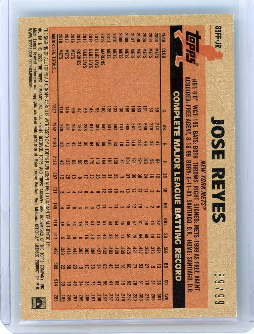Jose Reyes 2023 Topps Archives Fan Favorite Autos 1983 Green Foil #'d 89/99