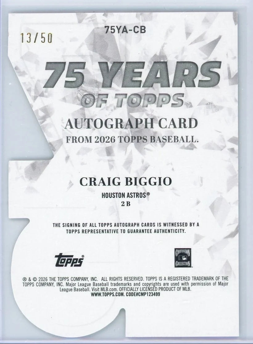 Craig Biggio 2026 Topps Series 1 75 Years Of Topps Autograph #'d 13/50