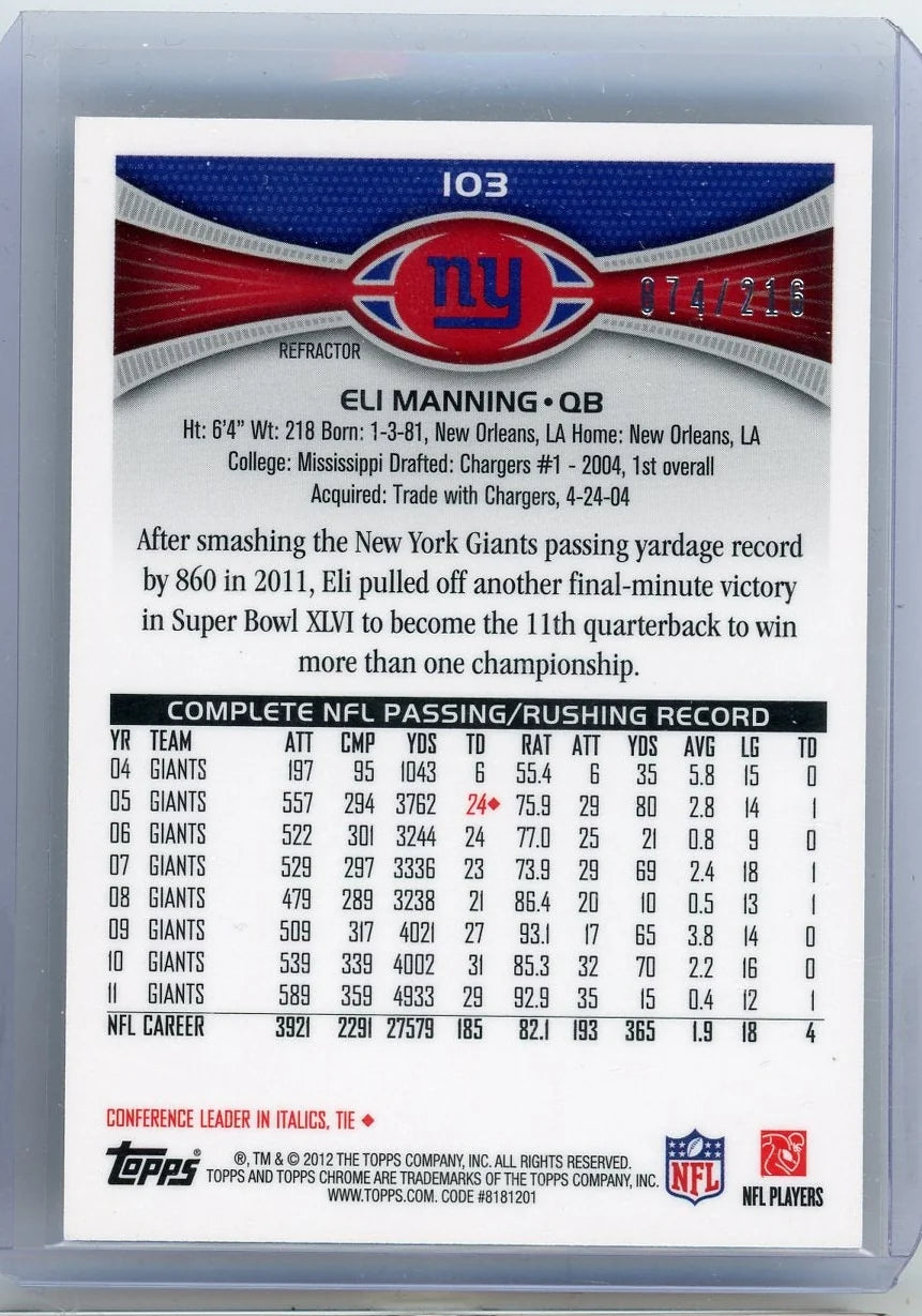Eli Manning 2012 Topps Chrome prism refractor #'d 074/216