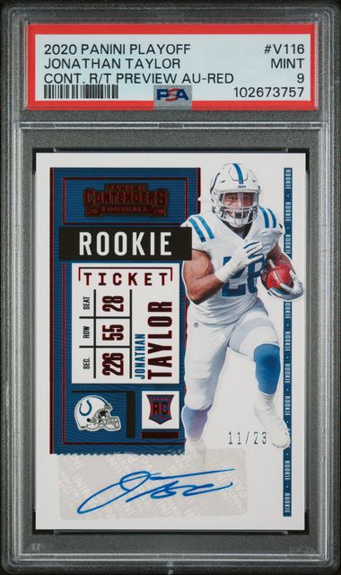 Jonathan Taylor 2020 Panini Playoff Contenders Rookie Ticket Preview Autograph Red #'d 11/23 PSA 9