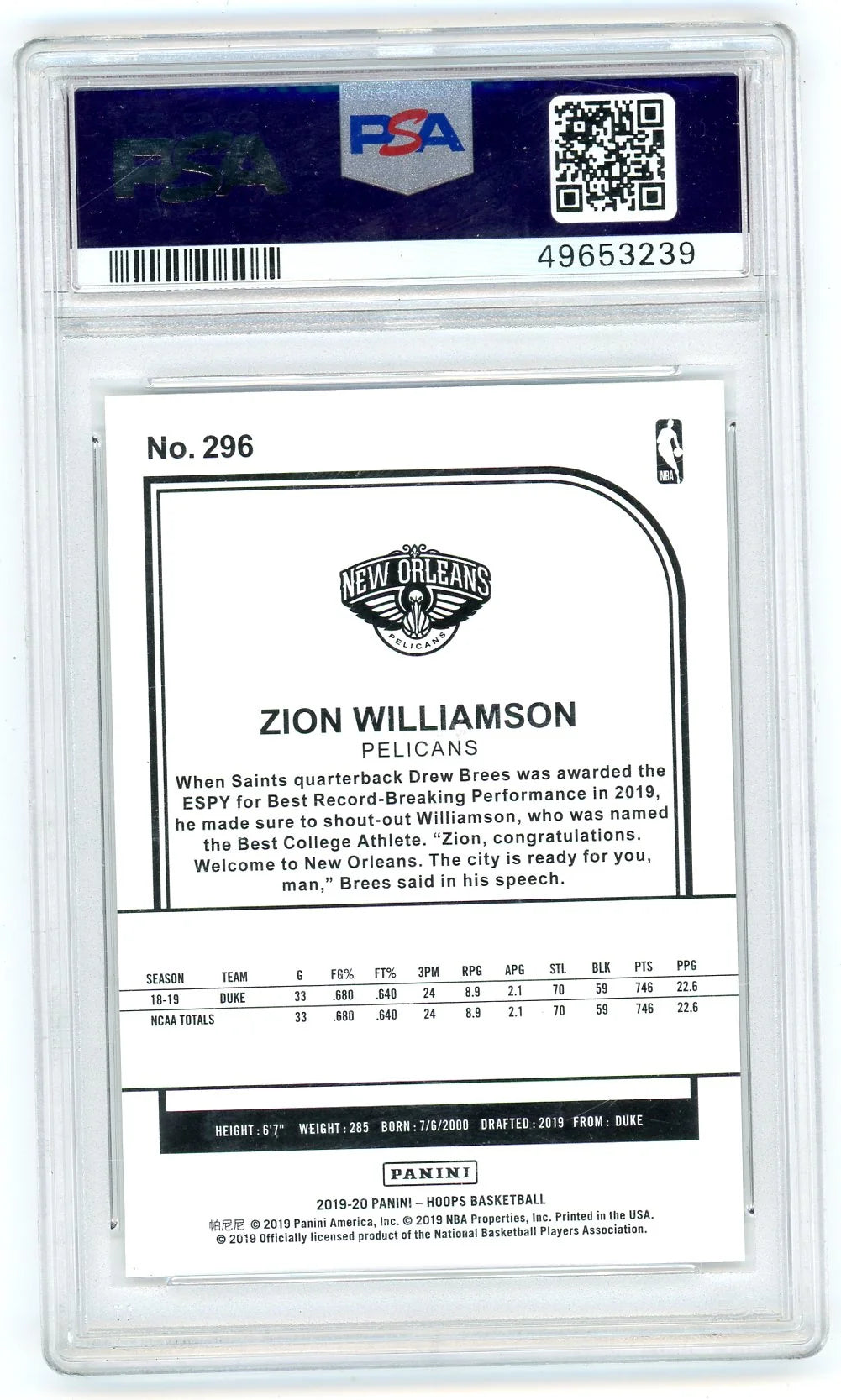 Zion Williamson 2019 Panini NBA Hoops rookie card PSA 10