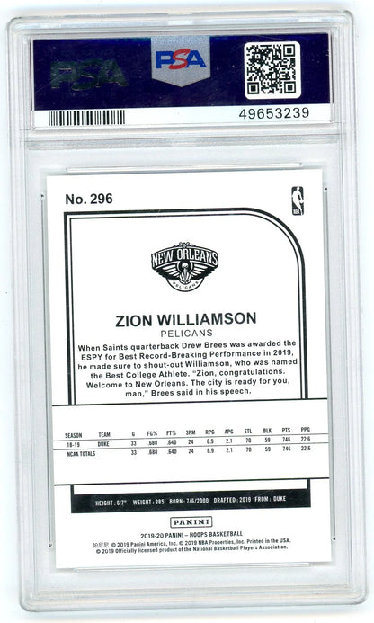 Zion Williamson 2019 Panini NBA Hoops rookie card PSA 10