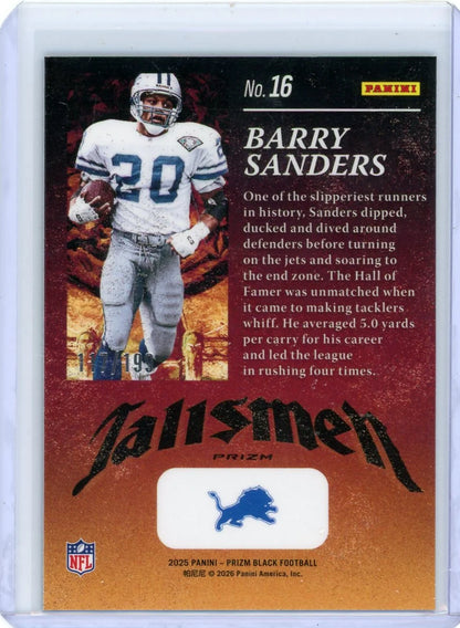 Barry Sanders 2025 Panini Prizm Black Talismen Blue #'d 117/199