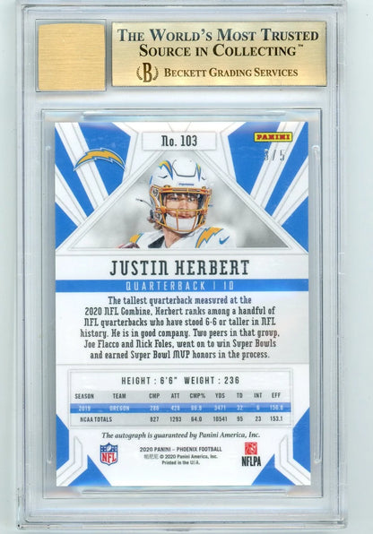 Justin Herbert 2020 Panini Phoenix Rookie Autographs Black Prizm RC #'d 3/5 BGS 9.5 Auto 10