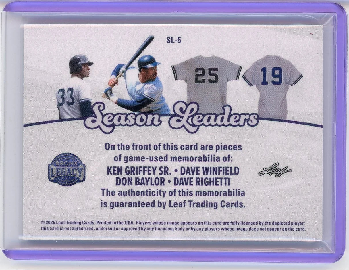 2025 Leaf Season Leaders Bronx Legacy Quad-Memorabilia Ken Griffey Sr., Dave Winfield, Don Baylor, Dave Righetti #'d 1/2