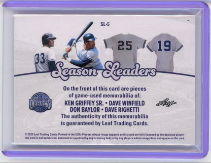 2025 Leaf Season Leaders Bronx Legacy Quad-Memorabilia Ken Griffey Sr., Dave Winfield, Don Baylor, Dave Righetti #'d 1/2