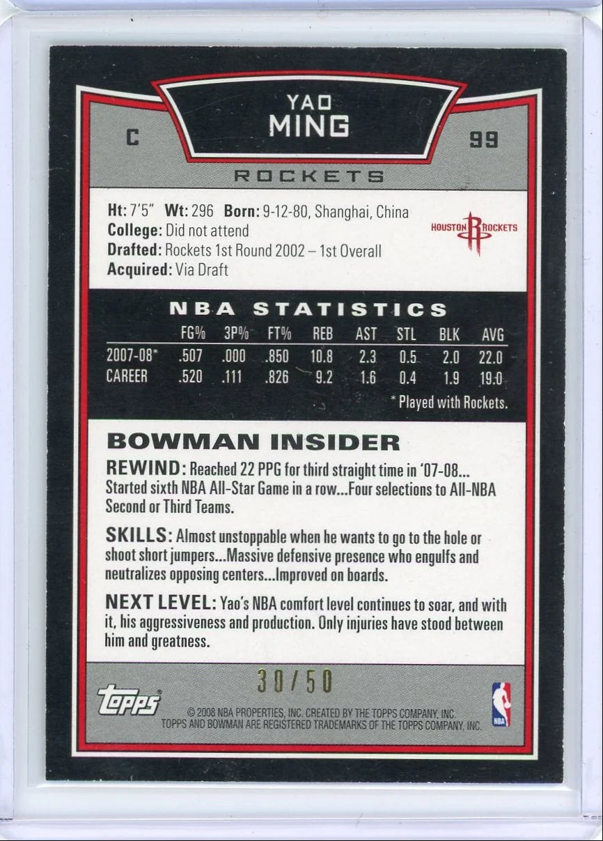 Yao Ming 2008 Bowman gold #'d 30/50