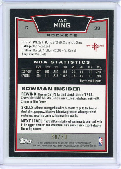 Yao Ming 2008 Bowman gold #'d 30/50