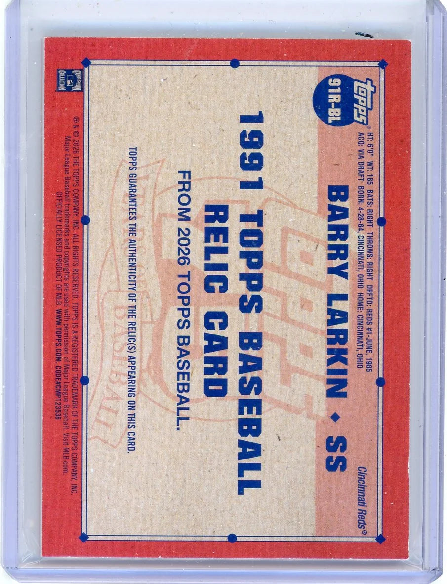 Barry Larkin 2026 Topps Series 1 '91 Topps Jersey Relic Orange #'d 10/25