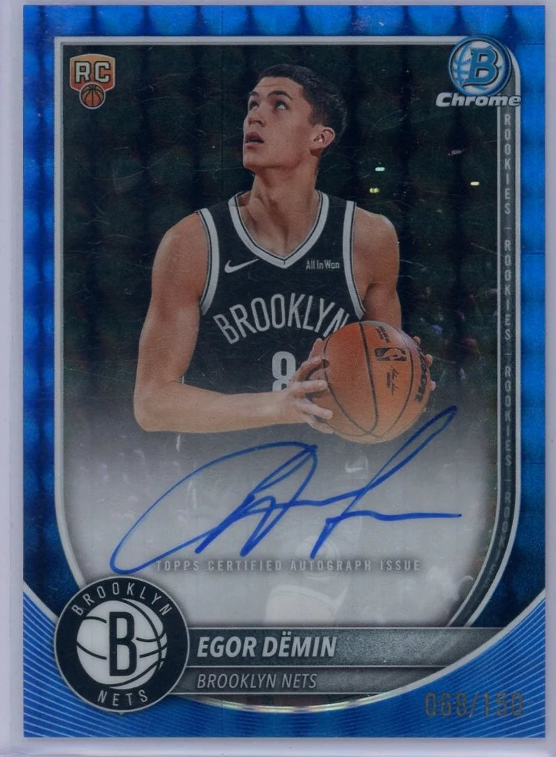 Egor Demin 2025-26 Bowman Chrome autograph blue geometric ref. RC #'d 068/150