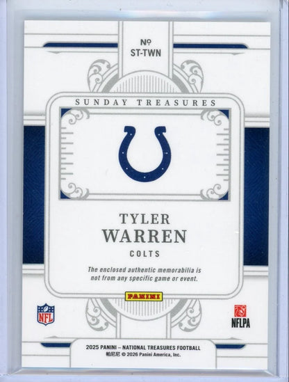 Tyler Warren 2025 Panini National Treasures Sunday Treasures relic rc #'d 31/99