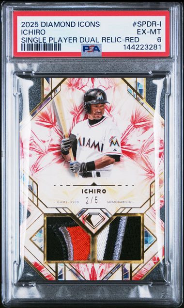 Ichiro 2025 Topps Diamond Icons dual relic red #'d 2/5 PSA 6