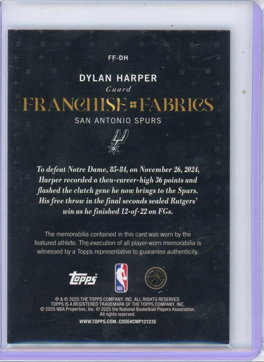 Dylan Harper 2025-26 Topps Franchise Fabrics holo rookie card