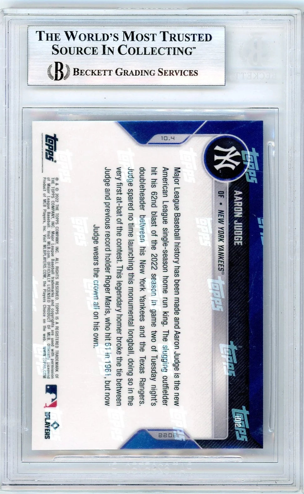 Aaron Judge 2022 Topps NOW AL Record 62 HRs #1012 BGS 8