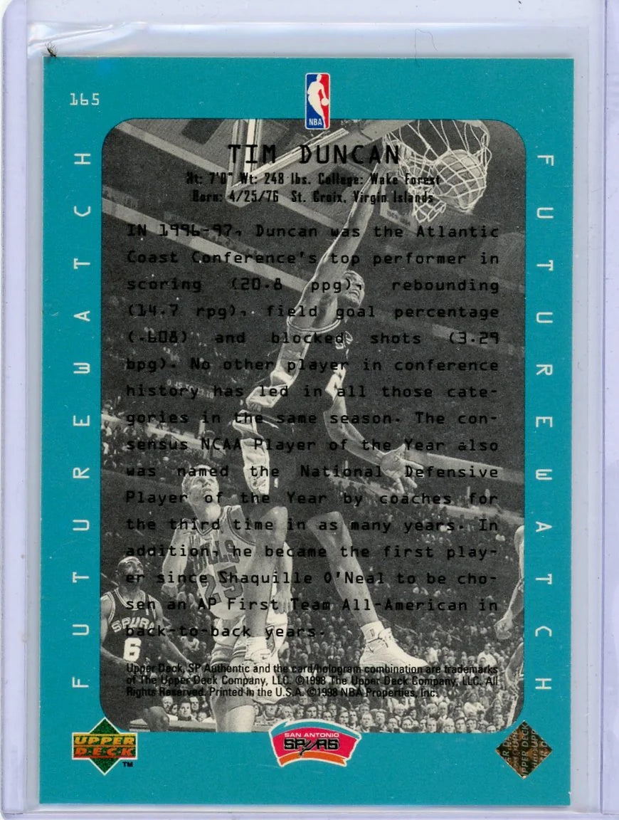 Tim Duncan 1998 Upper Deck SP Authentic Future Watch RC #165