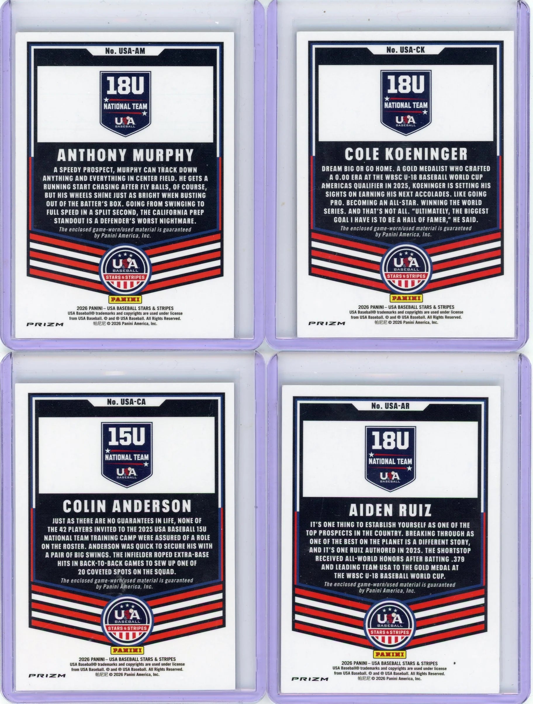 Cole Koeninger/Anthony Murphy/Aiden Ruiz/Colin Anderson 2026 Panini USA Baseball Stars & Stripes USA Materials Jersey Relic 4-card Lot