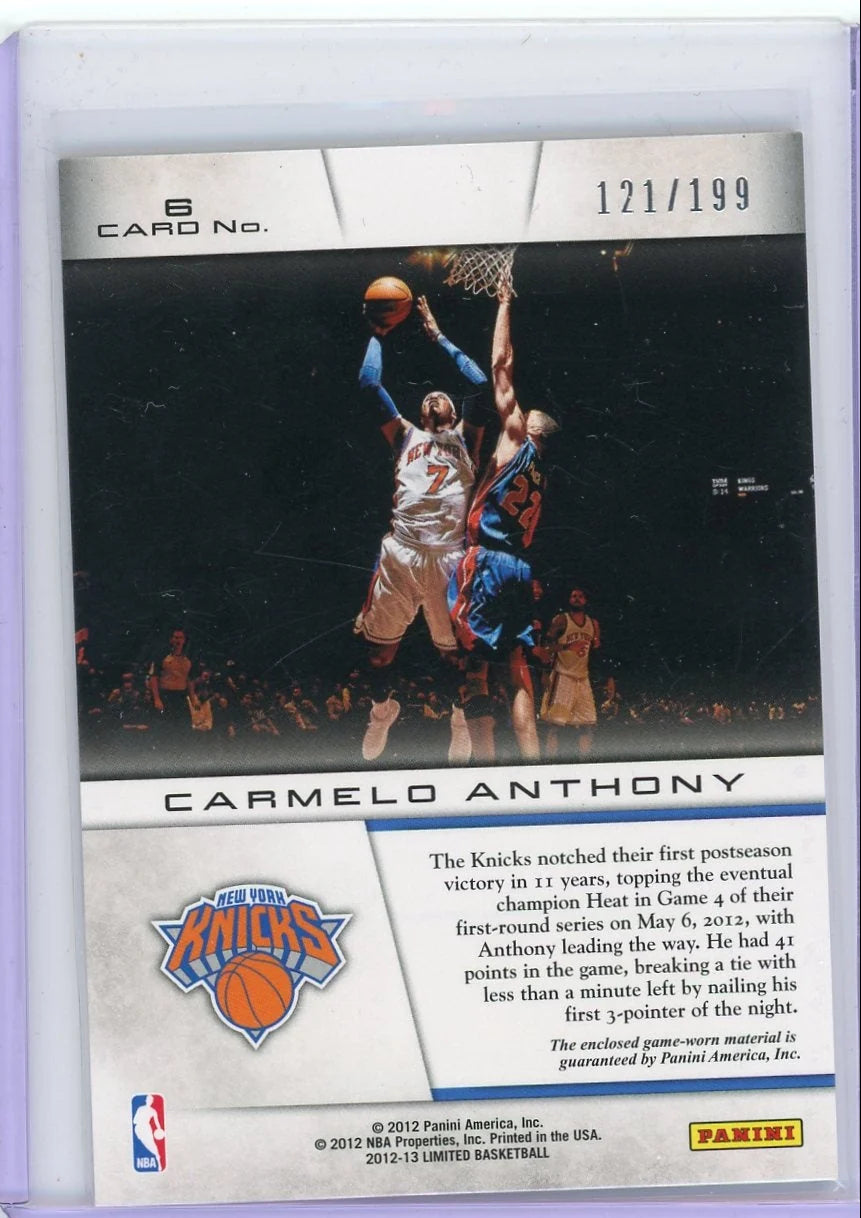 Carmelo Anthony 2012 Panini Limited Basketball Lights Out Relic #'d 121/199