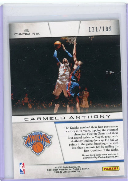 Carmelo Anthony 2012 Panini Limited Basketball Lights Out Relic #'d 121/199