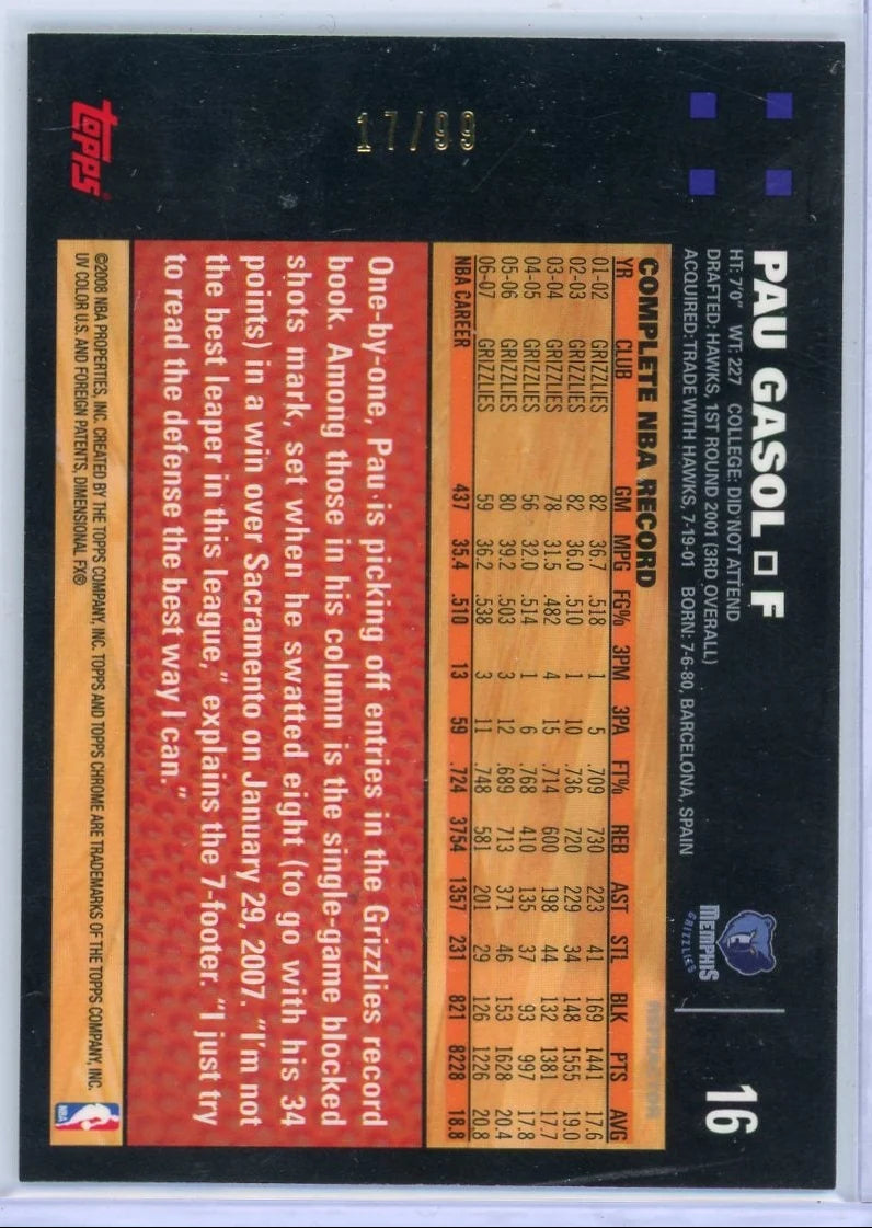 Pau Gasol 2007-08 Topps Chrome White refractor #'d 17/99