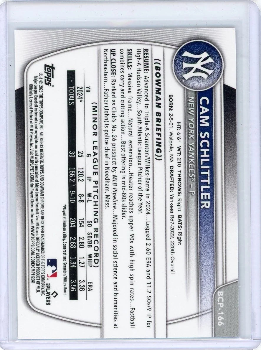 Cam Schlittler 2025 Bowman Chrome Prospects 1st Bowman Fuchsia Refractor #'d 083/299