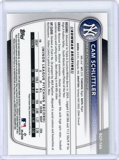 Cam Schlittler 2025 Bowman Chrome Prospects 1st Bowman Fuchsia Refractor #'d 083/299