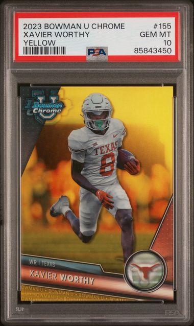 Xavier Worthy 2023 Bowman Chrome Yellow ref. #'d 45/75 PSA 10