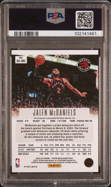 Jalen McDaniels 2023 Panini Prizm Deca signature gold prizm #'d 01/10 PSA 9