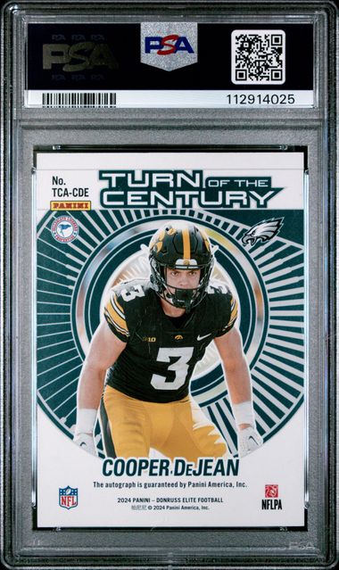 Cooper DeJean 2024 Donruss Elite Turn of the Century Orange Auto RC #'d 72/99 PSA 10