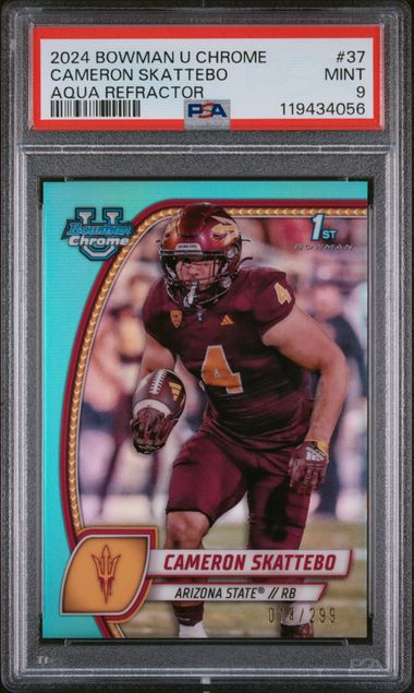 Cam Skattebo 2024 Bowman U Chrome Aqua Refractor #'d 014/299 PSA 9