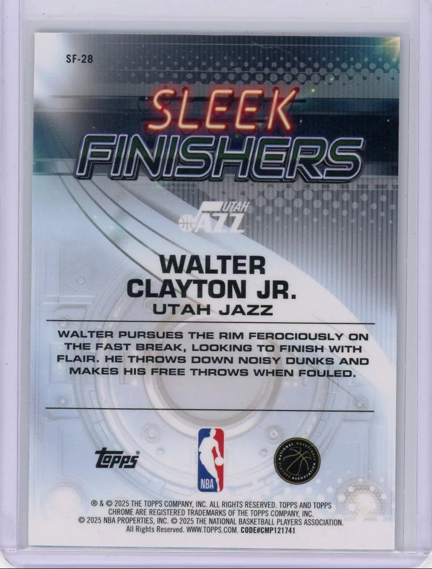 Walter Clayton Jr. 2025 Topps Chrome Basketball Sleek Finishers Purple Geo Refractor RC #'d 73/75