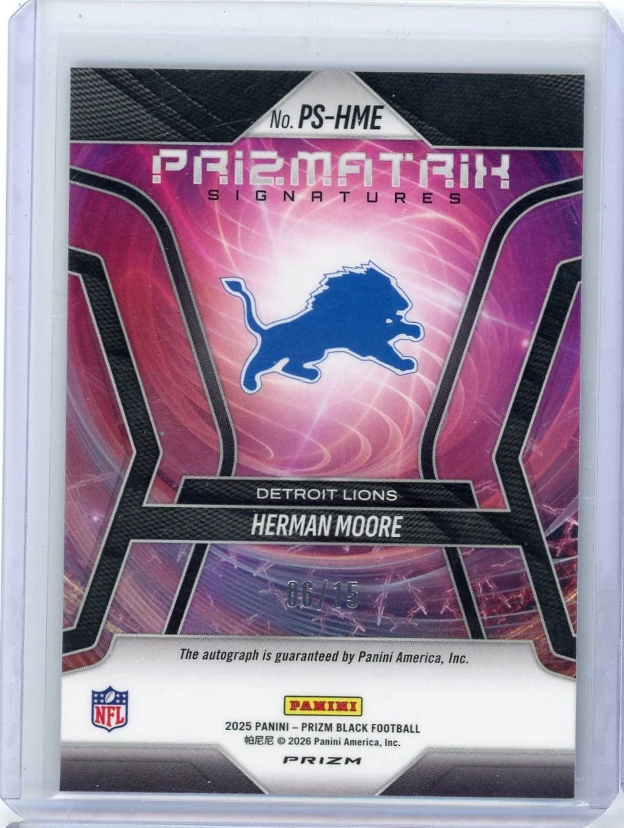 Herman Moore 2025 Panini Prizm Black Prizmatrix Autograph Blue Shimmer FOTL #'d 06/15