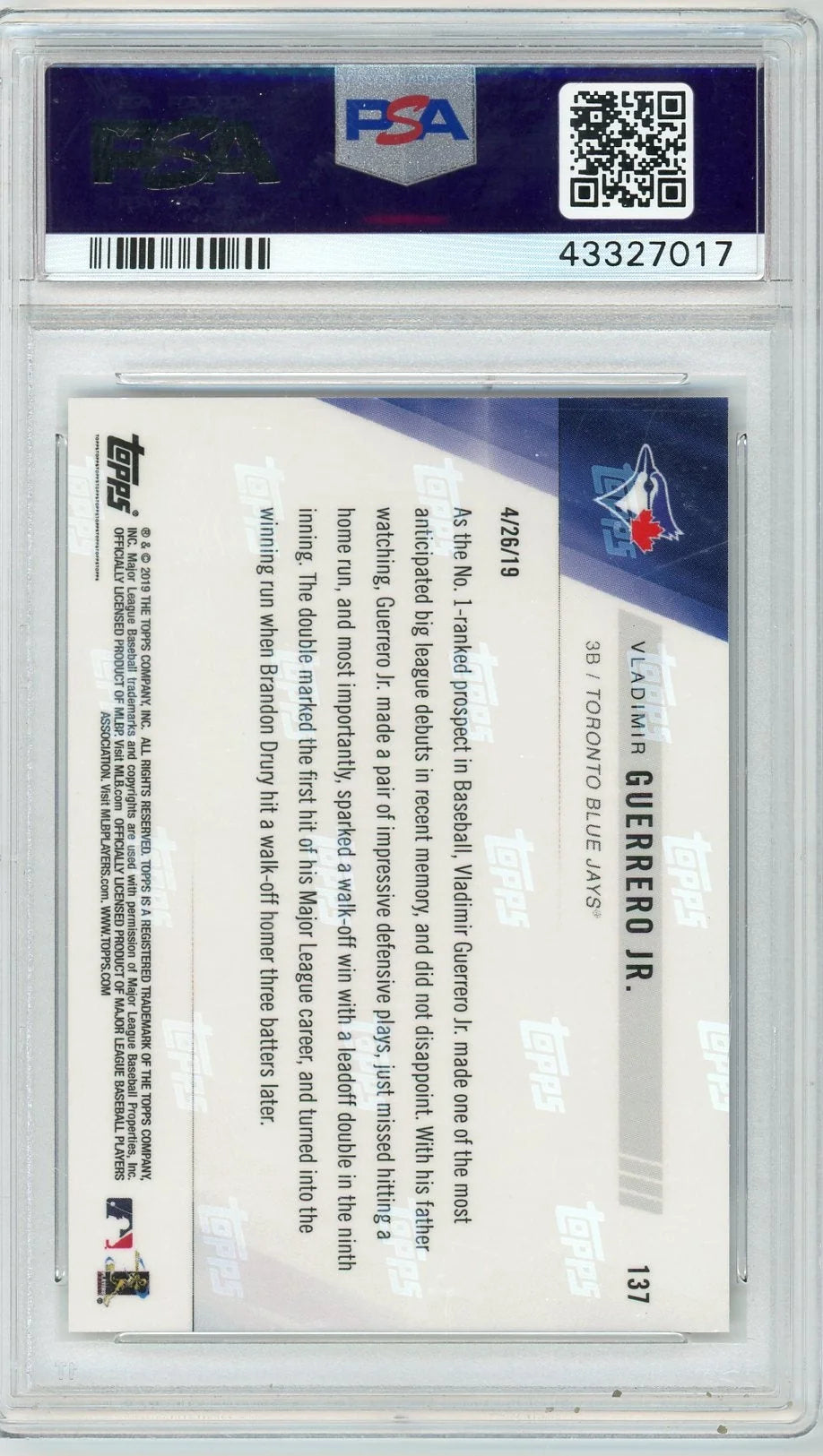 Vladimir Guerrero Jr. 2019 Topps NOW #137 PSA 10