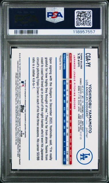 Yoshinobu Yamamoto 2024 Topps Gilded Collection Autograph rookie card #'d 59/75 PSA 10