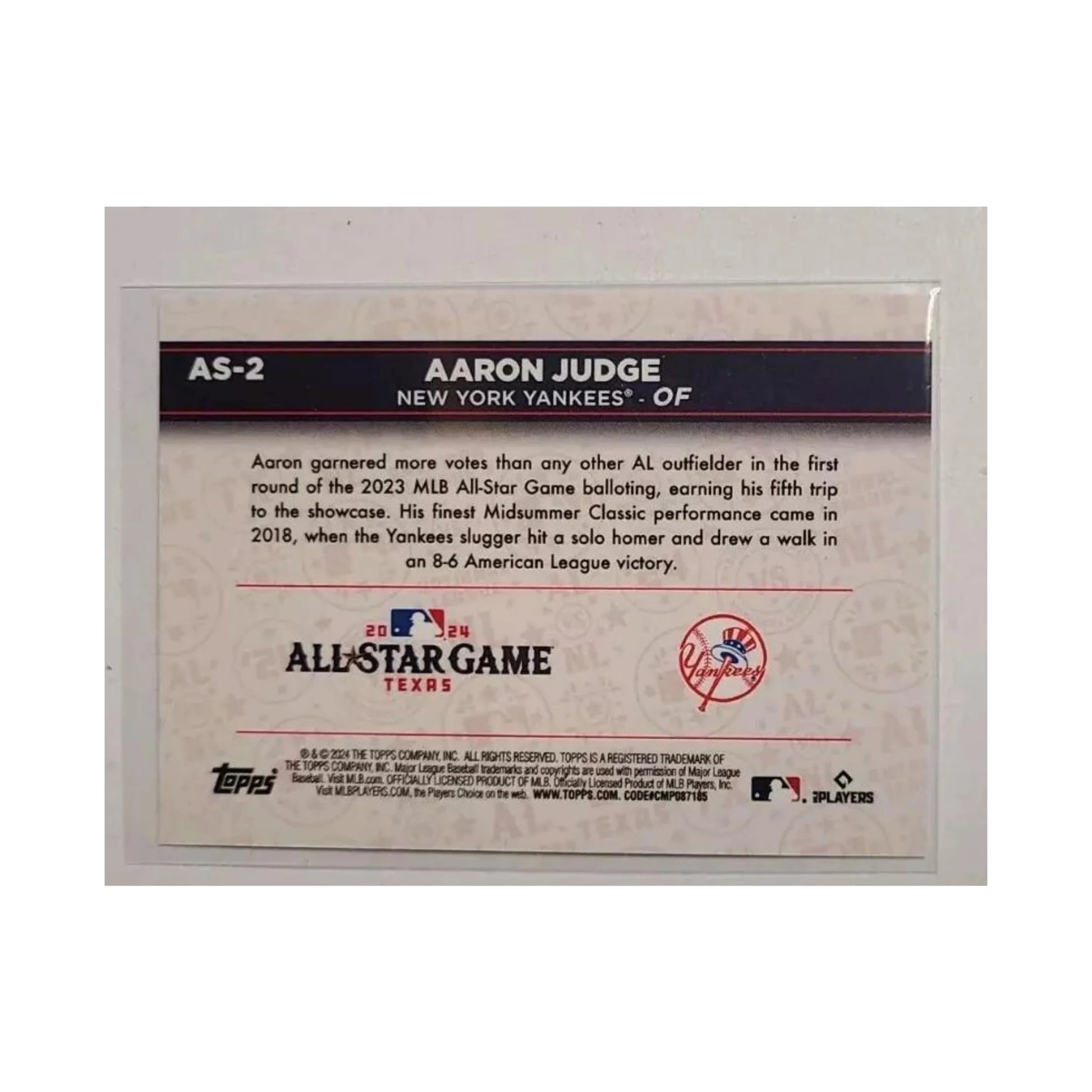Aaron Judge 2024 Topps All-Star Game Wrapper Redemption AS-2 Texas Exclusive