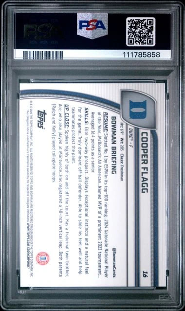 Cooper Flagg 2024 Bowman Chrome University 1st Bowman PSA 10