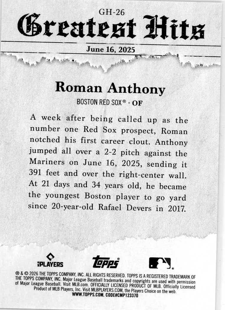 Roman Anthony 2026 Topps Series 1 Greatest Hits Orange Foil #'d 16/25