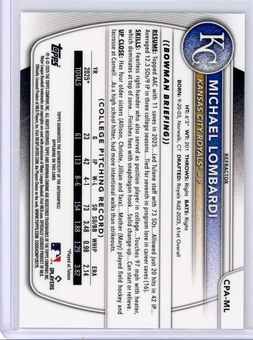 Michael Lombardi 2025 Bowman Chrome Draft Refractor Autograph #'d 184/499