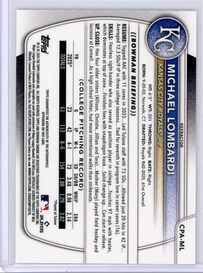 Michael Lombardi 2025 Bowman Chrome Draft Refractor Autograph #'d 184/499