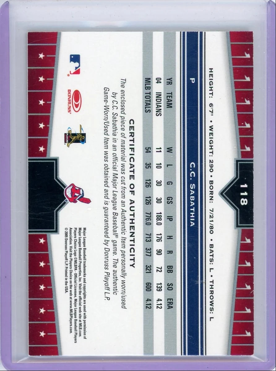C.C. Sabathia 2005 Donruss Champions Impressions Jersey Relic