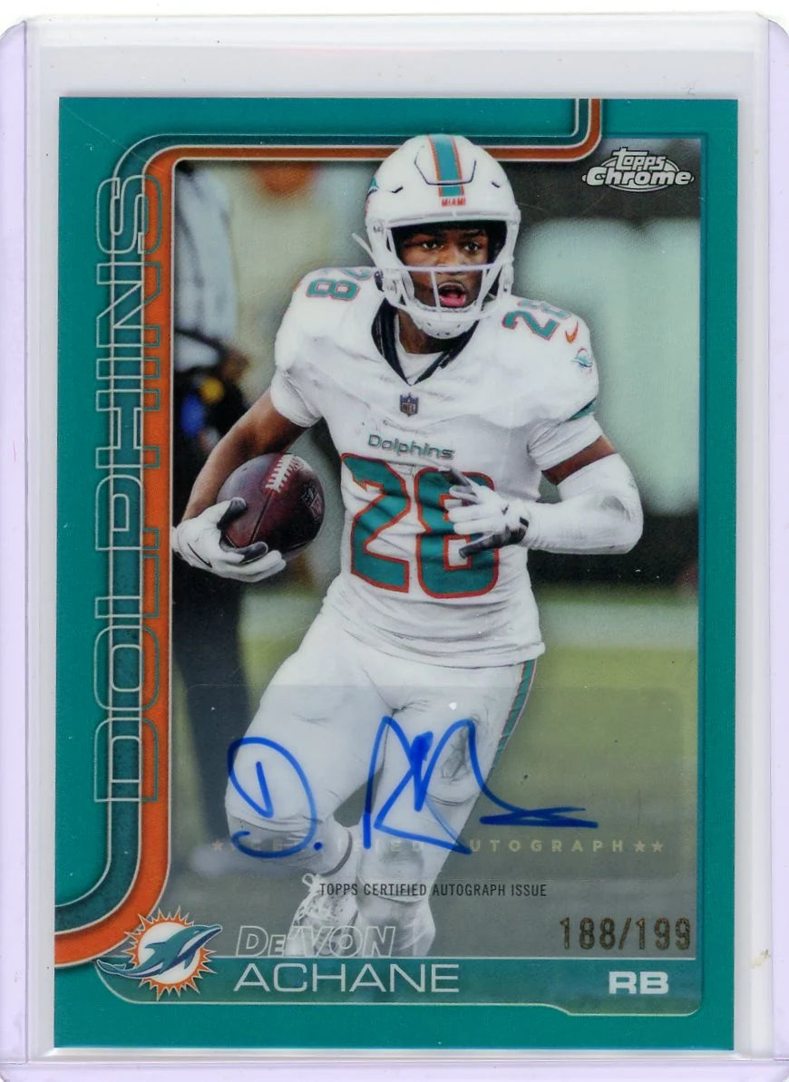 De'Von Achane 2025 Topps Chrome Auto Aqua Refractor #'d 188/199