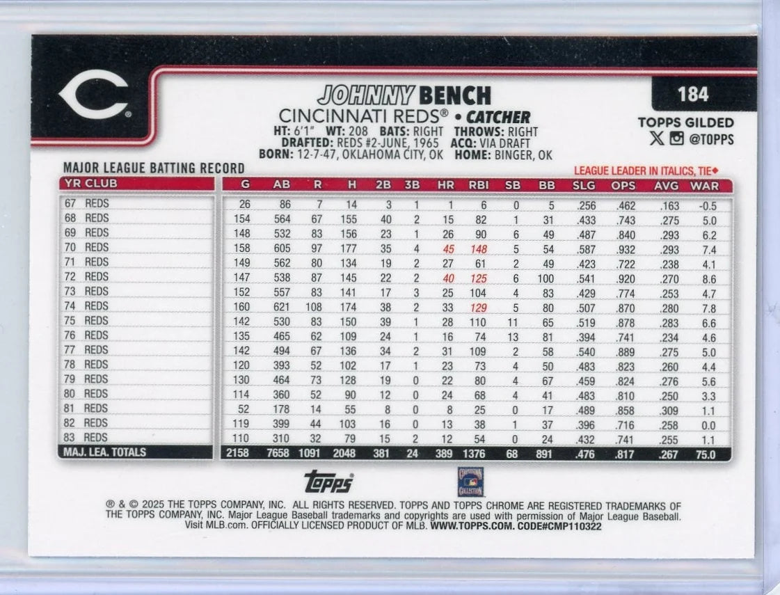 Johnny Bench 2025 Topps Chrome Gilded Blue Gold #'d 27/75