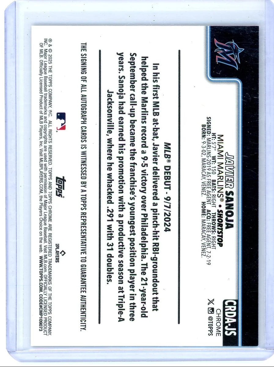 Javier Sanoja 2025 Topps Chrome Update purple mini diamond ref. autograph rookie card #'d 240/299