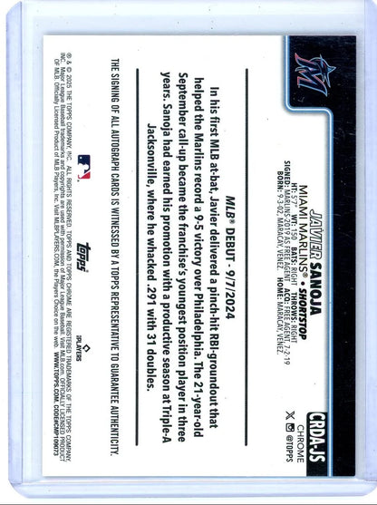 Javier Sanoja 2025 Topps Chrome Update purple mini diamond ref. autograph rookie card #'d 240/299