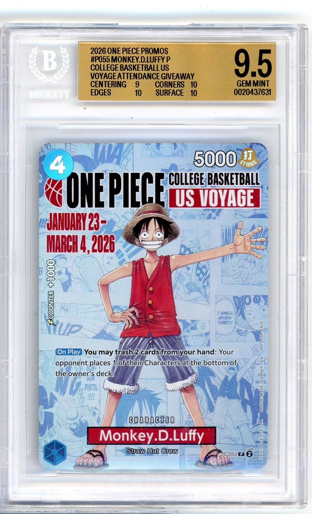Monkey D Luffy 2026 One Piece College Basketball US Voyage Promo #P-055 BGS 9.5