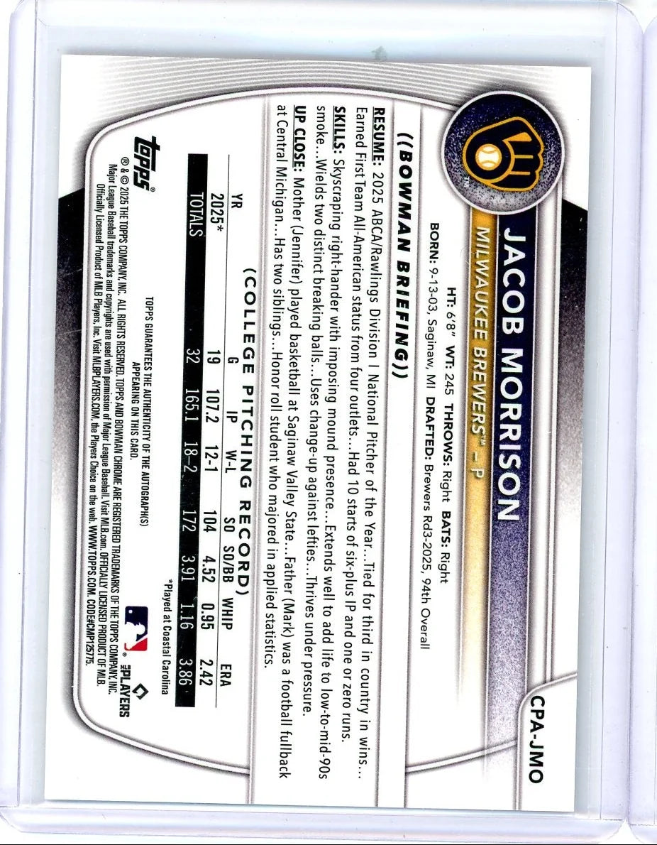 Jacob Morrison 2025 Bowman Chrome Draft 1st Bowman Purple Autograph #'d 174/250
