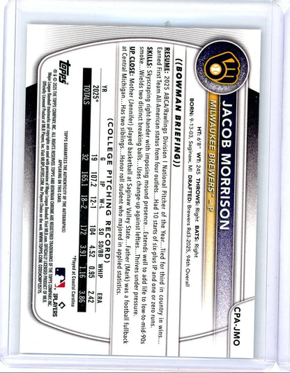Jacob Morrison 2025 Bowman Chrome Draft 1st Bowman Purple Autograph #'d 174/250