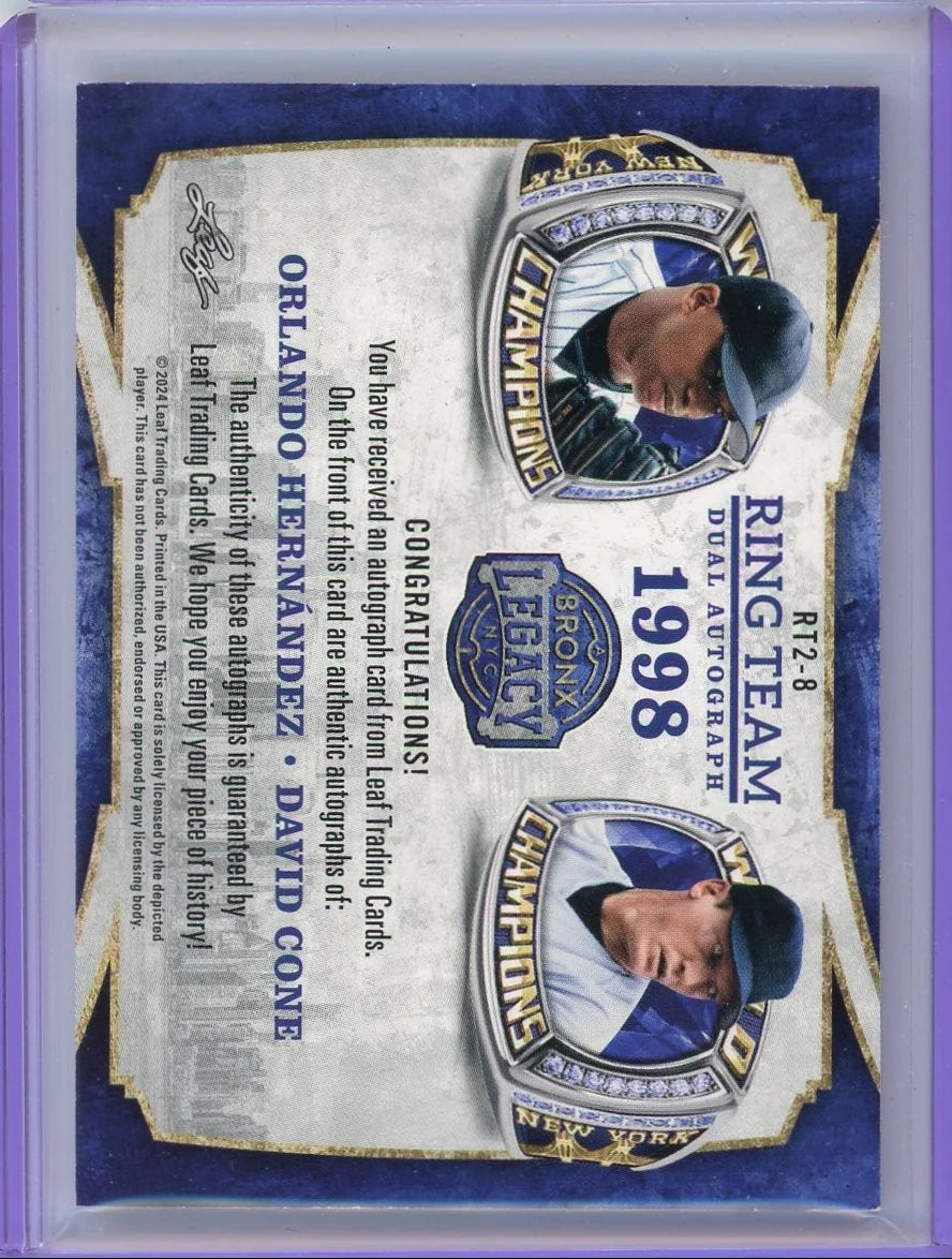 Orlando Hernandez/David Cone 2024 Leaf Bronx Legacy Ring Team dual auto #'d 1/5