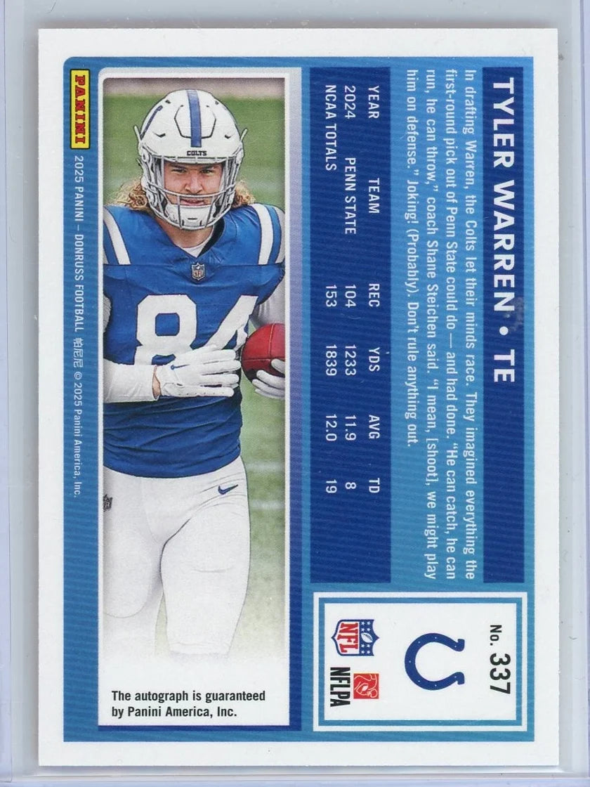 Tyler Warren 2025 Donruss Rated Rookie Orange Auto