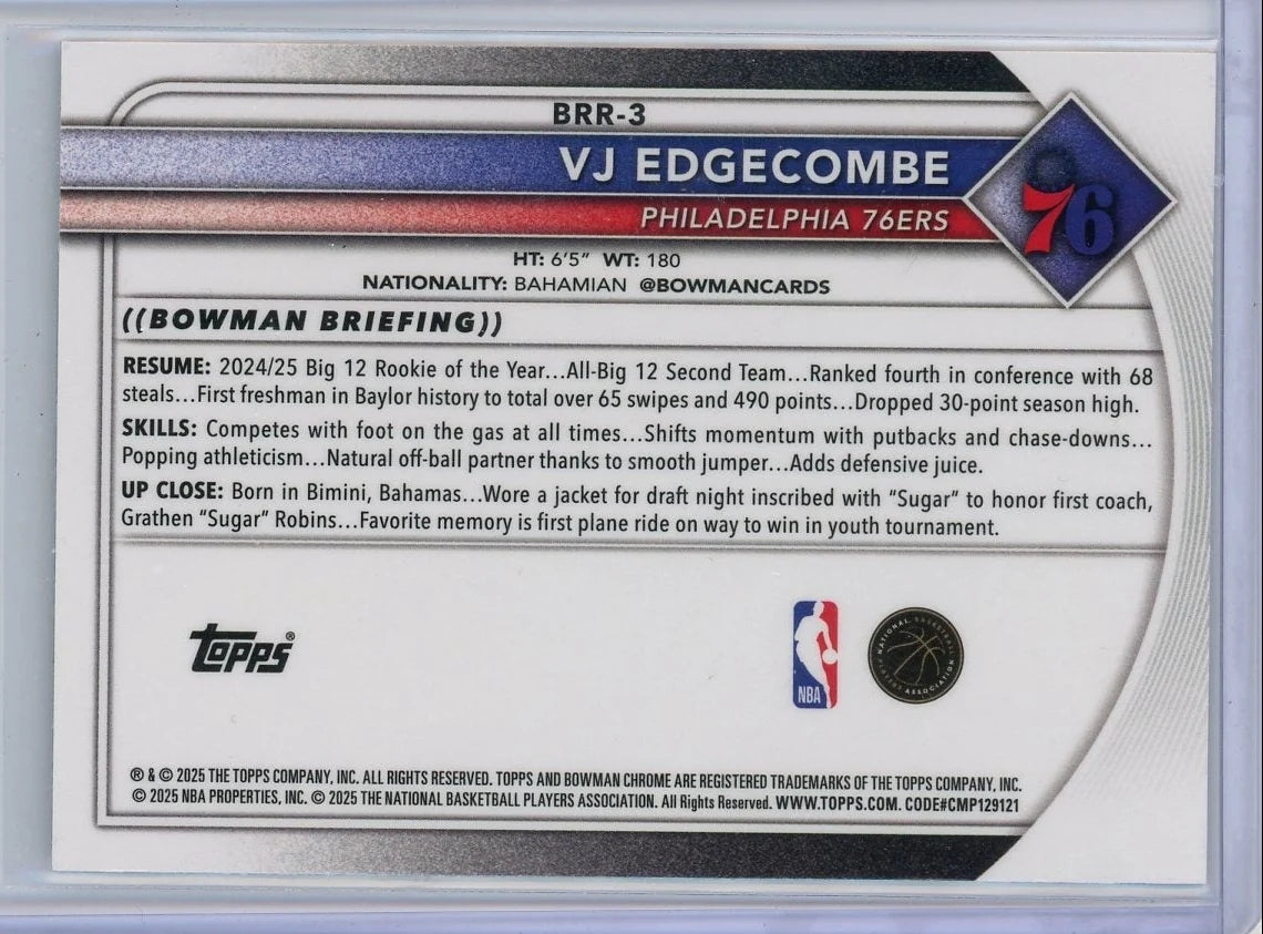 VJ Edgecomb 2025-26 Bowman Chrome Red Shield RC #BRR-3